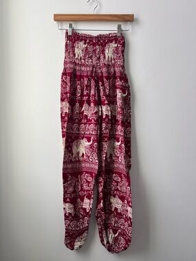 Bohemian Elephant Print Smocked High-Waist Harem Pants - Burgundy & Cream